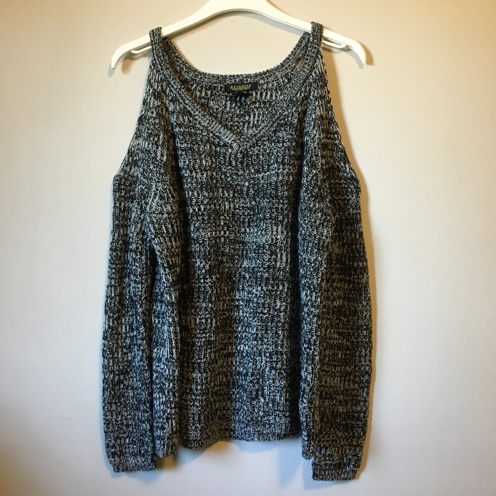 Indie Sleaze Revamped Salt and Pepper Cold Shoulder Marled Knit Sweater XS